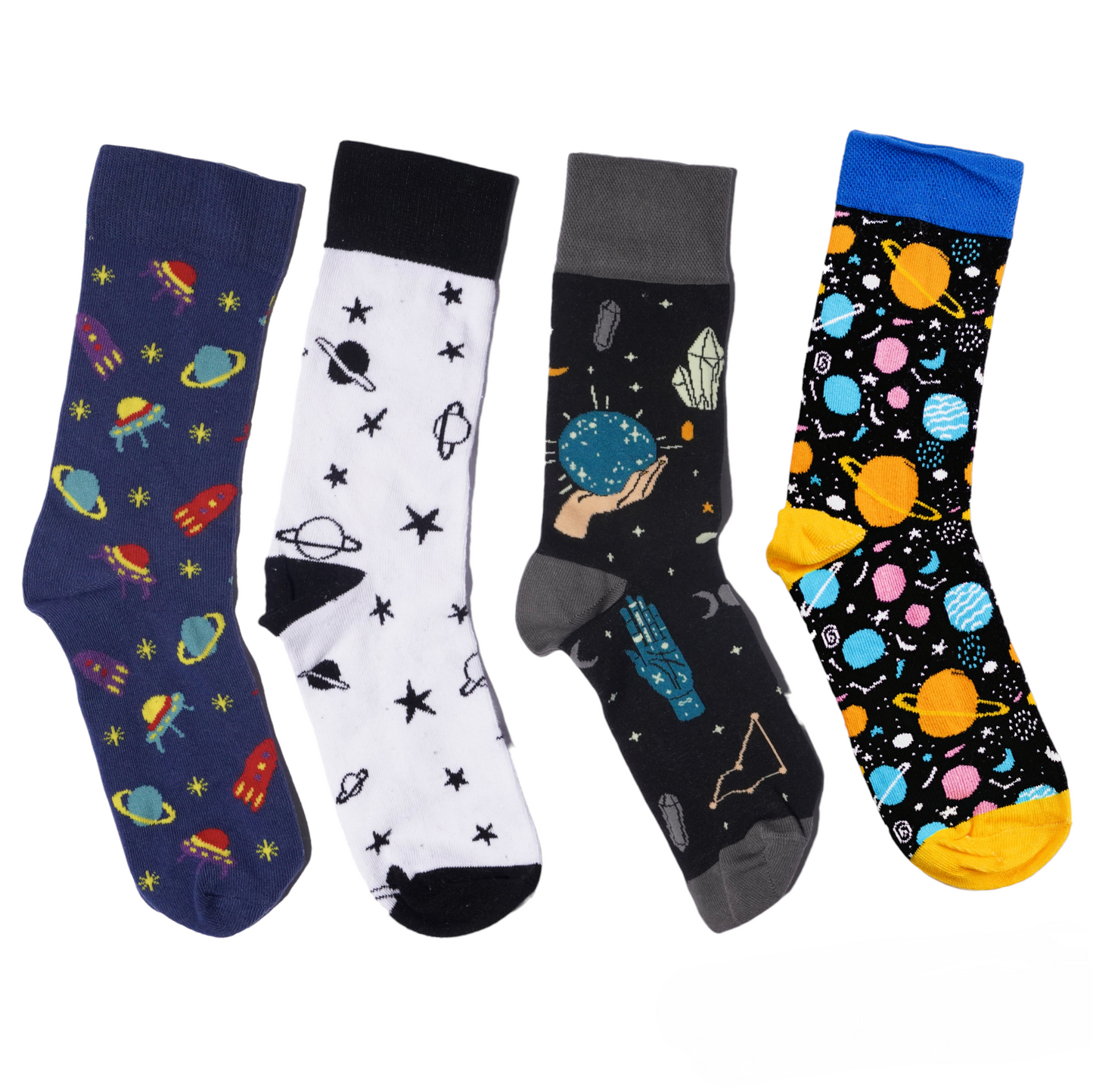 Space Exploration | Dressy Socks | Cute Cool Colorful Cotton socks for Women and Men Cozy Gifts, funny Socks | Crazy socks 4 pairs set