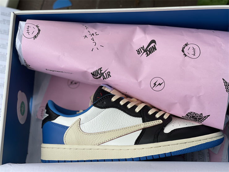 Fragment Design x Travis Scott x Air Jordan 1 Retro Low Sail Black Military Blue